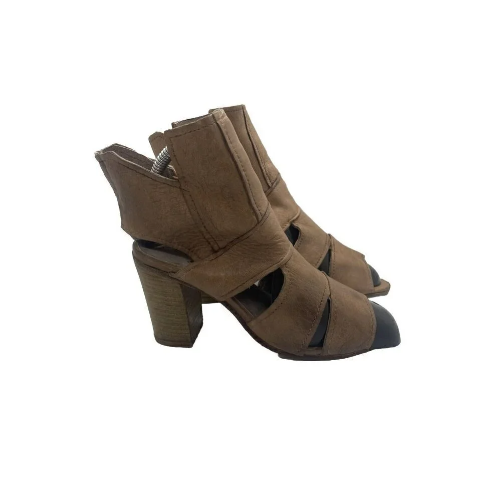 Free People Effie Block Heel Sandal Women's Size 36/US 6 Brown Leather Side Zip